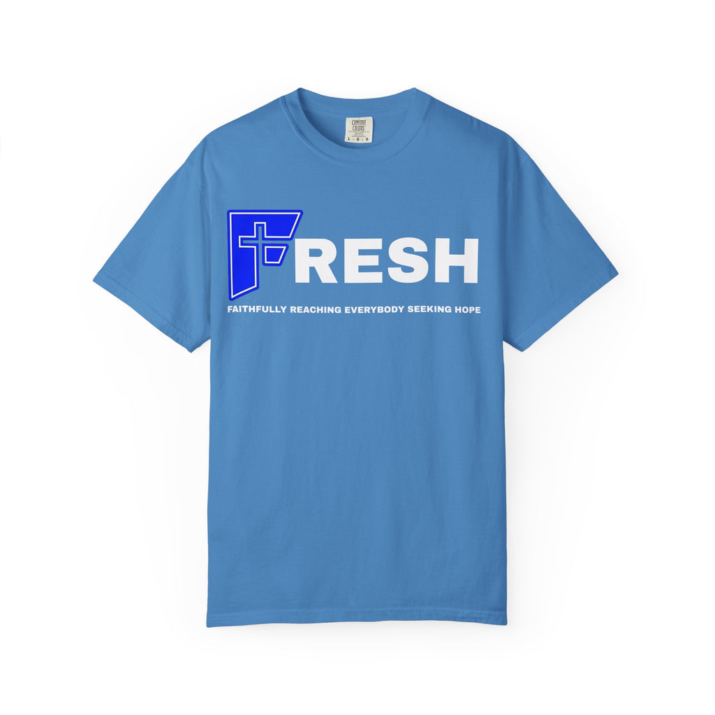 FRESH Signature Tee — Christian streetwear t-shirt reading "Faithfully Reaching Everyone Seeking Hope"